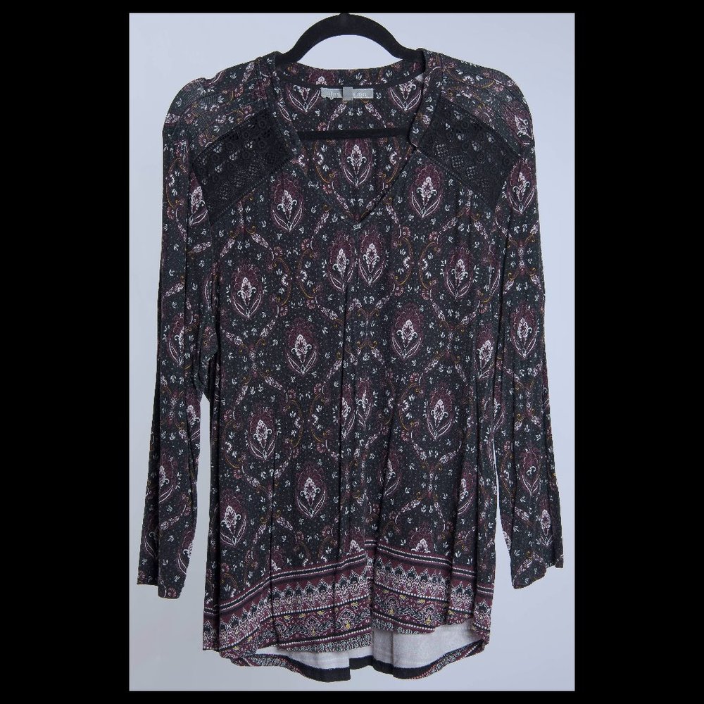 Daniel Rainn Womens Multicolor 3/4 Sleeve Vneck Lace Detail Blouse Top XL EUC